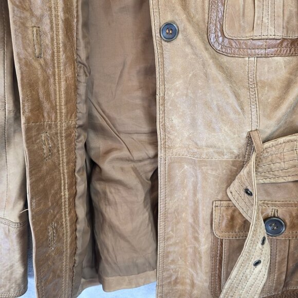 Zara Basic Jacket Womens Small Brown Leather Belted Safari Military Snap Pockets - Picture 6 of 13